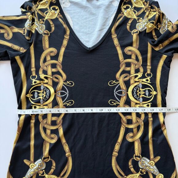 J.Mclaughlin Catalina Cloth Black & Gold Equestrian Print 3/4 Sleeve V-Neck Top - Picture 9 of 10